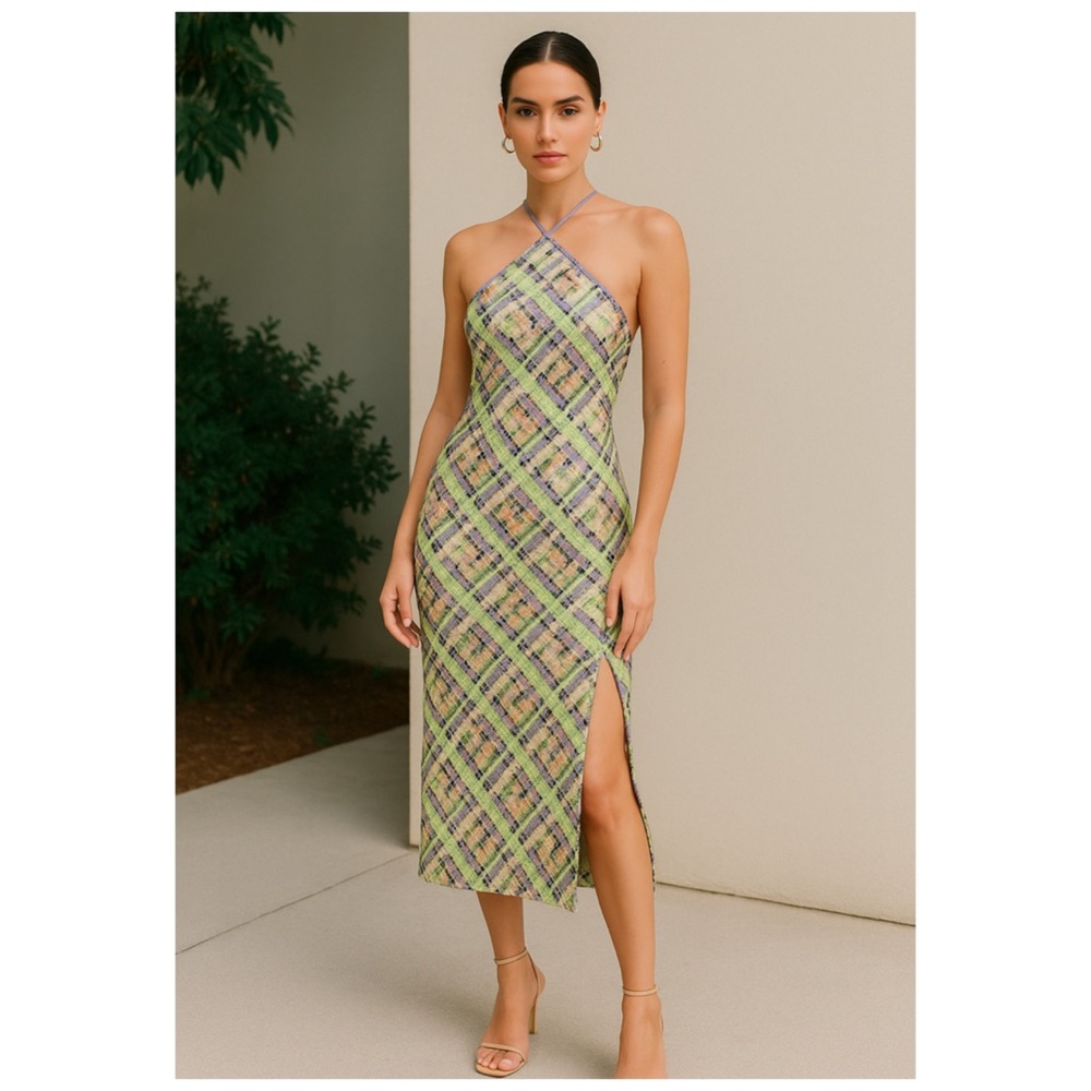 Veronica Beard Cherie Sequin Halter Neck Plaid Midi Dress Size 6 NWT